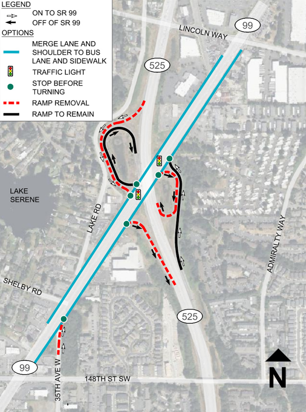 A map of the SR 99 and SR 525 interchange shows SR 99 on ramps, SR 99 off ramps, and the options for changing the interchange.