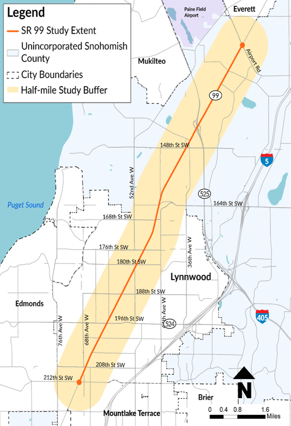 The SR 99/Lynnwood and Unincorporated Snohomish County Pre-Design Study corridor runs on SR 99, from Airport Road in Everett to 212th Street Southwest in Lynnwood. The study area includes a half-mile buffer around the roadway.