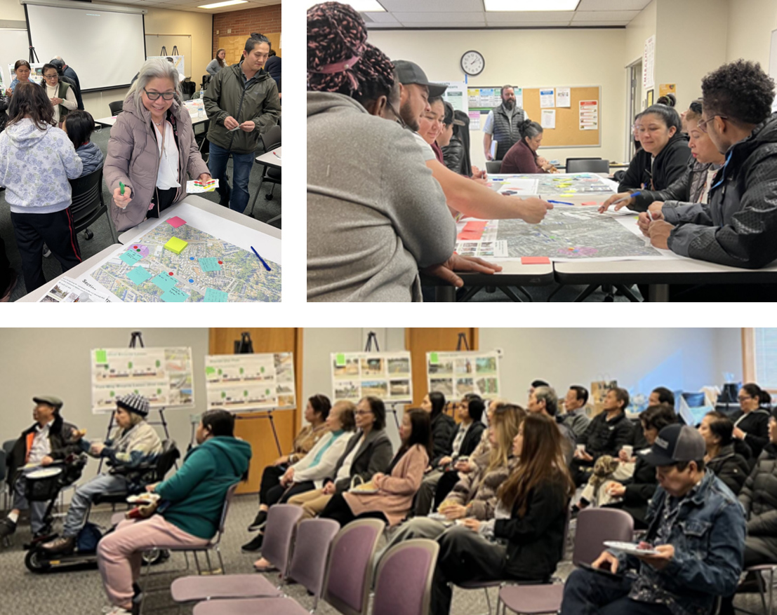 Three photos show a room with tables with enlarged paper maps of the SR 99 study area with sticky notes and people, a group of people huddled over one map, pointing to locations on the map, and a group of seated people listening with diagrams of the corridor in the background.
