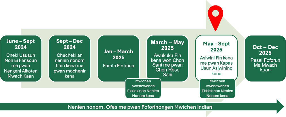 Ewe SR 99 timeline, a kan kinikinino non onu kinikin, poputa non June 2024 me pwan sopweno non December 2025. Foforinongen ofes me pwan foforinongen nenien nonom ra kan fis me non ewe unusen timeline. Ewe project a kan non ei fansoun non ewe Kinikinin “Awukuku Fin kena me pwan Kapas Usun Asiwinino kena” ina a no seni May tori September 2025. Mwichen Ekkiekin Nenien Nonom kena repwene fis non ewe chok fansoun usun ei kinikin, me pwan non March 2025. Ekkewe ruwanu kinikin ra kan fen wasino ra kan: “Cheki Ususun kena Non Ei Attun me pwan Nengeni Koten Mwach kena” ina a kan feino seni June ngeni September 2024; “Awukuku finien nenien nonom kena me pwan mochenir kena” ina a kan feino seni September tori December 2024; “Forata Fin kena” ina a kan feino seni January tori March 2025; “Awukuku Fin kena won Chon Sani me pwan Ekkena Rese Sani” ina a kan poputa non March 2025 me pwan feino ngeni non May 2025. Ewe kinikin epwe etto a kan “Peseinon Finin Aeochunon kena” ina epwene feino seni October tori December 2025.