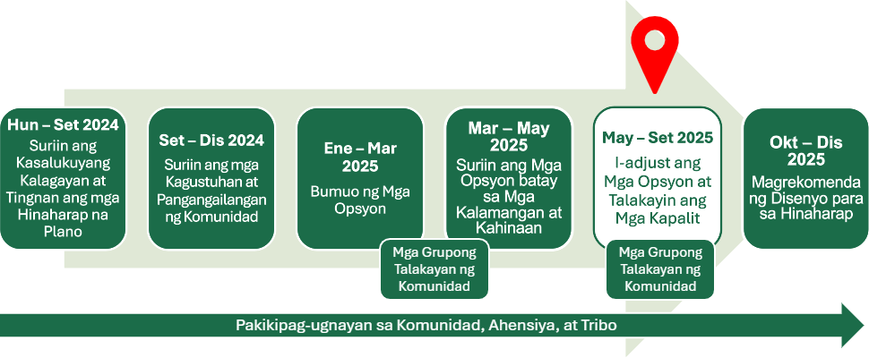 Ang timeline ng SR 99, na nahahati sa anim na yugto, ay nagsimula noong Hunyo 2024 at magtatapos sa Disyembre 2025. Isinasagawa sa kabuuan ng timeline ang pakikilahok ng ahensiya at ng komunidad. Ang proyekto ay kasalukuyang nasa Yugto ng “I-adjust ang Mga Opsyon at Talakayin ang Mga Kapalit” na magsisimula mula Mayo hanggang Setyembre 2025. Gaganapin ang Mga Grupong Talakayan ng Komunidad (Community Focus Group) kasabay ng yugtong ito, pati na rin sa Marso 2025. Ang apat na yugtong natapos na ay: “Suriin ang Kasalukuyang Kalagayan at Tingnan ang mga Hinaharap na Plano” na isinagawa mula Hunyo hanggang Setyembre 2024; “Suriin ang mga Kagustuhan at Pangangailangan ng Komunidad” na isinagawa mula Setyembre hanggang Disyembre 2024; “Bumuo ng Mga Opsyon” na isinagawa mula Enero hanggang Marso 2025; “Suriin ang Mga Opsyon batay sa Mga Kalamangan at Kahinaan” na nagsimula noong Marso 2025 at magpapatuloy hanggang Mayo 2025. Ang susunod na yugto ay “Inirerekomendang Mga Pagpipilian sa Pagpapabuti” na isasagawa mula Oktubre hanggang Disyembre 2025.