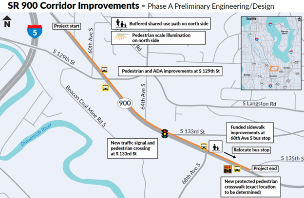 Map of SR 900 corridor improvements with specific locations for pedestrian and traffic modifications, including a buffered shared-use path on the north side, pedestrian lighting, pedestrian and ADA improvements at S 129th Street, a new traffic signal and pedestrian crossing at S 133rd St and the relocation of a bus stop near 68 th Street.
