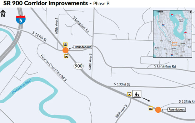 Map of SR 900 corridor improvements, showing two roundabouts, represented by orange dots located at S 129th St and SR 900 and SR 900 and South 135th Street.