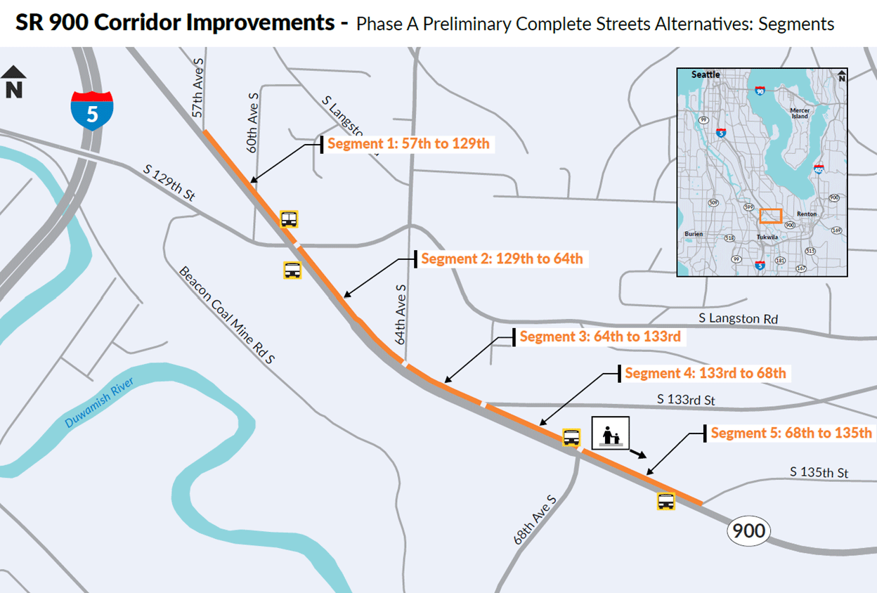 A map of SR 900 corridor improvements, with an orange line showing the project location. The project is divided into five sections. Section 1 is located between 57th Street to 129th Street. Section 2 is located between 129th Street to 64th Street. Section 3 is located between 64th Street to 133rd Street. Section 4 is located between 133rd Street to 68th Street. Section 5 is located between 68th Street to 135th Street.