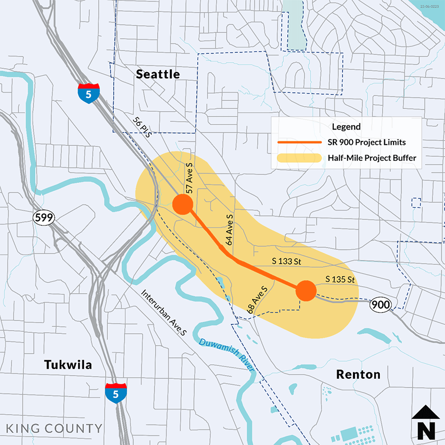 The SR 900 project area runs along SR 900 from 57th Avenue South in Unincorporated King County to 135th Street South at the Renton city limits.. The study area includes a half-mile buffer around the roadway.