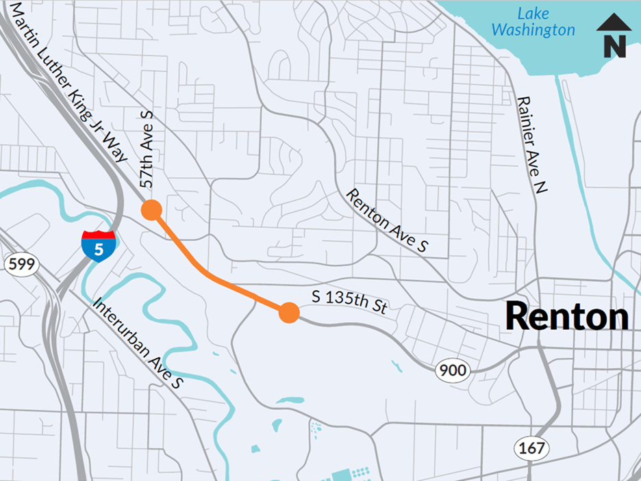 A map showing orange dots and a line on SR 900 from 57th Avenue South to South 135th Street that lacks separated bicycle and pedestrian facilities and has limited signalized crossing options.
