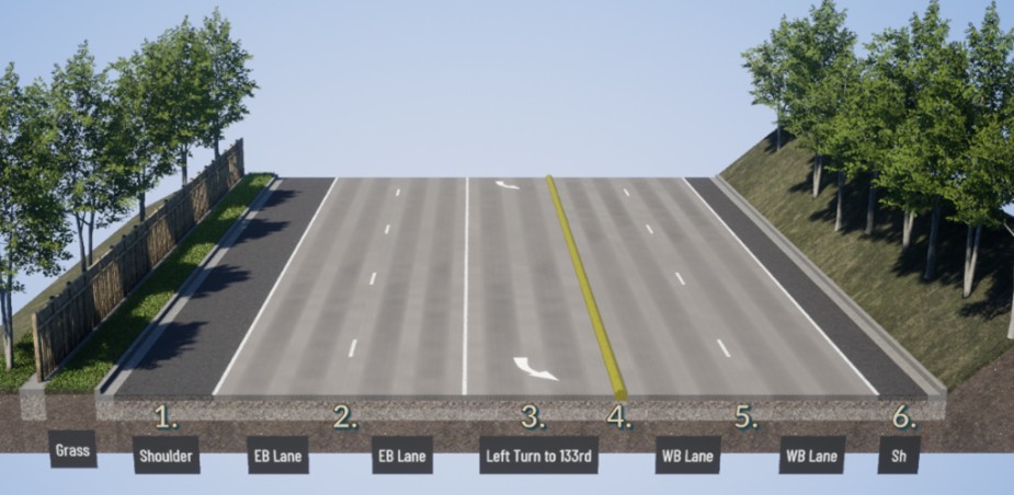 A cross section of SR 900 between 64th Avenue South and South 133rd Street showing existing conditions, which include two eastbound lanes, one eastbound left-turn-lane to South 133rd Street and two westbound lanes separated by a yellow median. On both the east and westbound sides, there is a shoulder and no sidewalk. The eastbound side shows a fence, trees and steep drop off. The westbound side shows trees on a steep hill.
