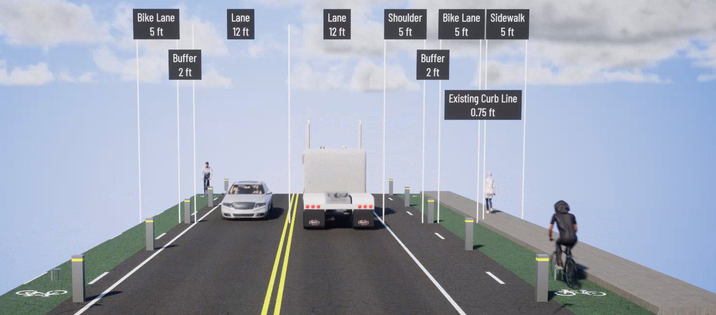 Cross Section showing the proposed improvements. A bike lane in each direction along SR 3 and a sidewalk on the north side of the roadway. One travel lane in each direction.